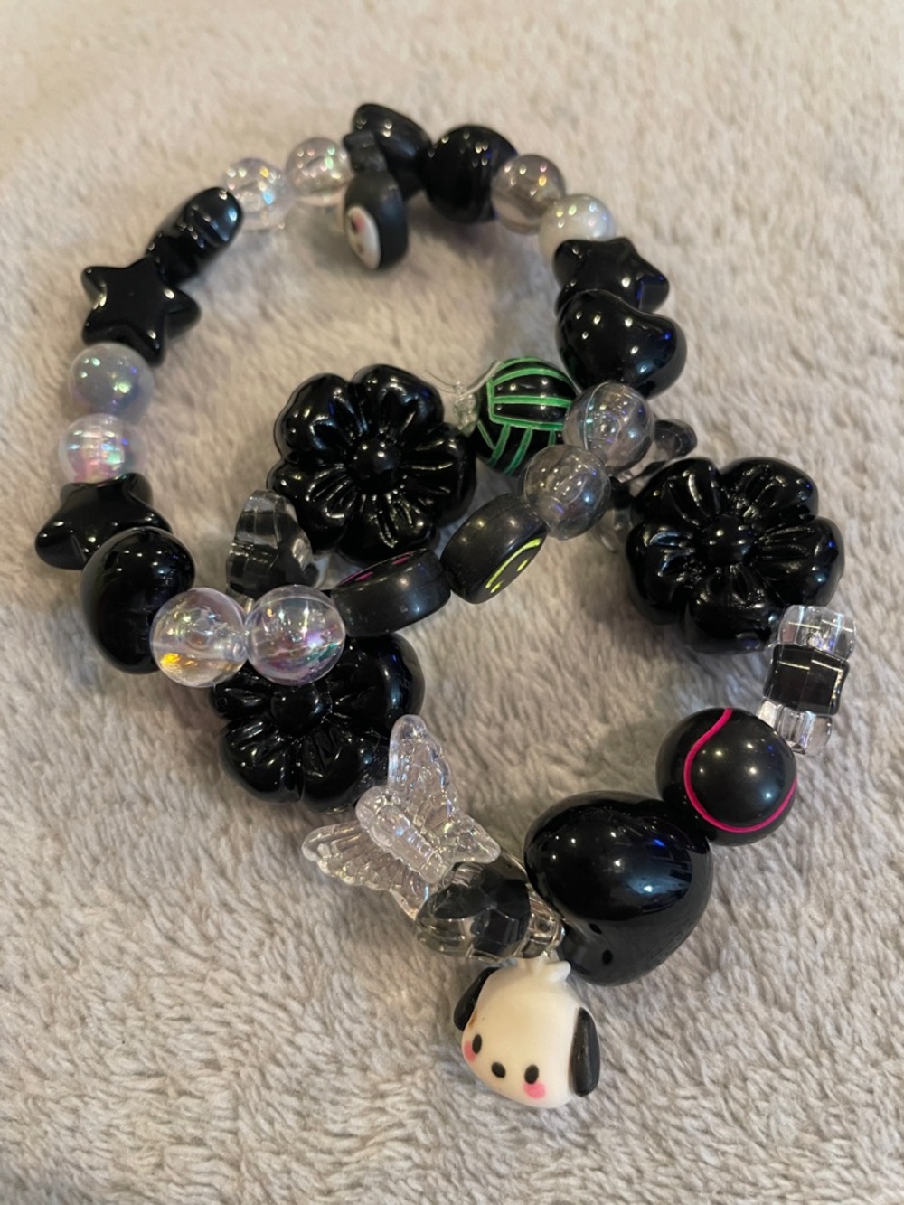 Kids Black Beaded Stretch Bracelet Set with Clear Accents